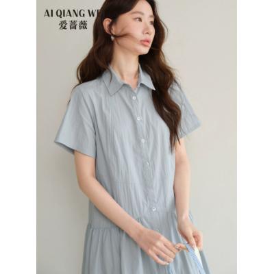 爱蔷薇大码绝美巨好看衬衫短袖连衣裙女宽松胖mm显瘦遮肚夏季裙子